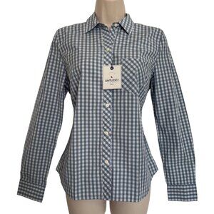 Untuckit Crispo Gingham Size 2 Button Up Cotton Shirt NWT Blue White Check Top S